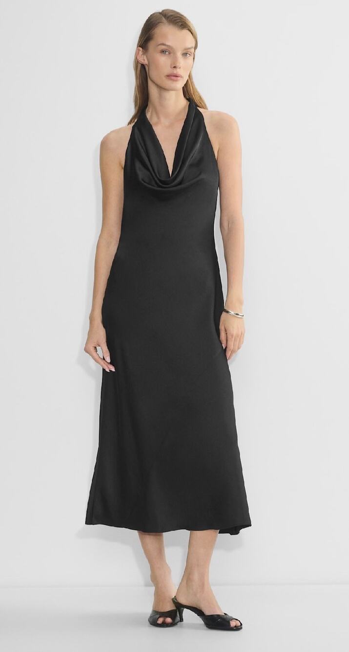 Aritzia Wilfred Midi Dress Brittany Black Satin Halter Slip size Large
